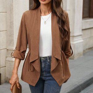 Brown Casual Women's Drawstring Waist Coat